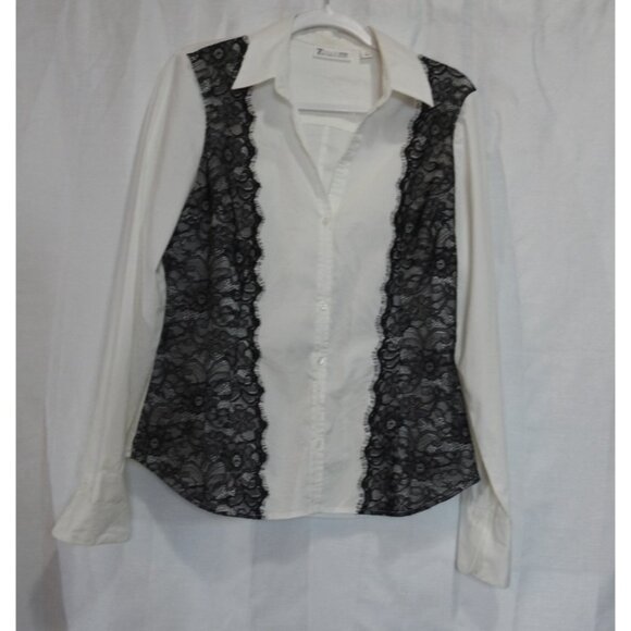 Women's 7th Avenue Design Studio LS White Button-up Shirt Black Lace Accent Sz M - Picture 2 of 7